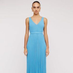 NWT Scanlan Theodore Pleated Rib knit V neck dress blue turquoise midi small
